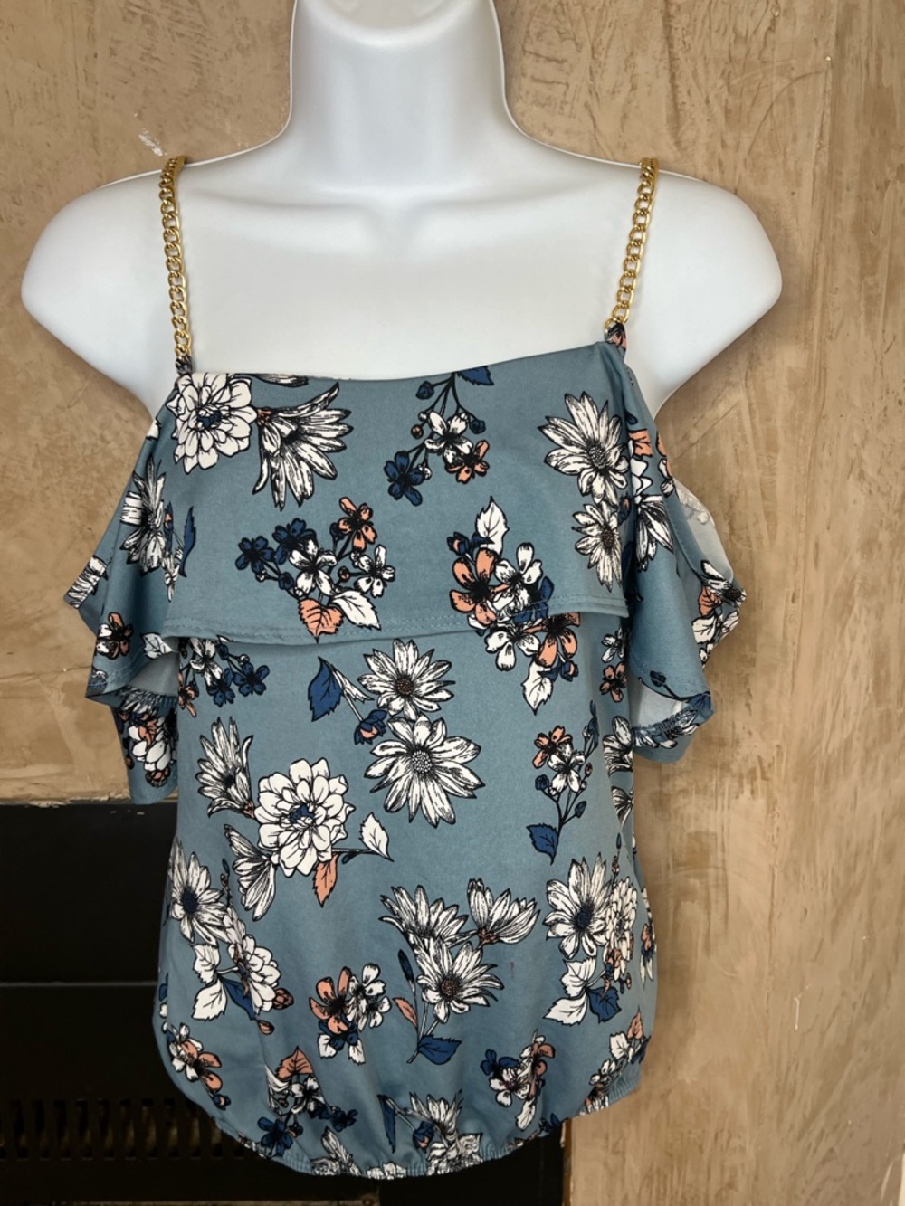 Floral Ruffle Cold-Shoulder Top - Blue Small